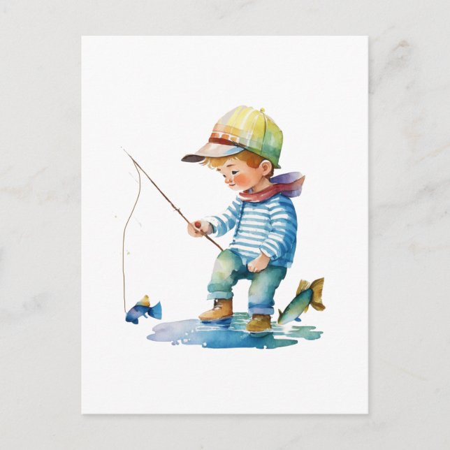 Little Boy Fishing Illustration Postcard (Front)