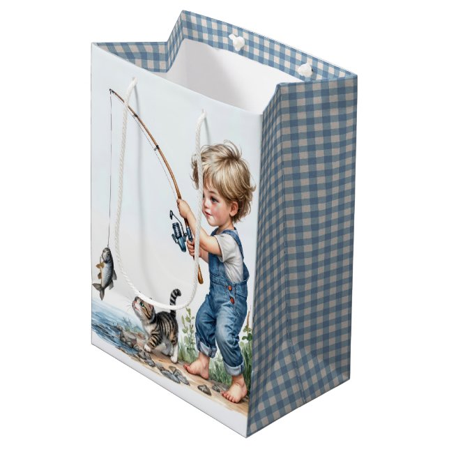 Little Boy Fishing With a Kitten Medium Gift Bag (Front Angled)