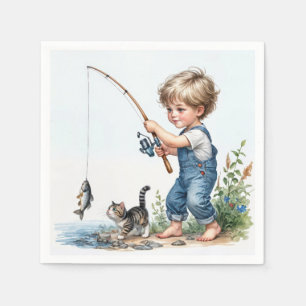 Little Boy Fishing With Kitten Napkin