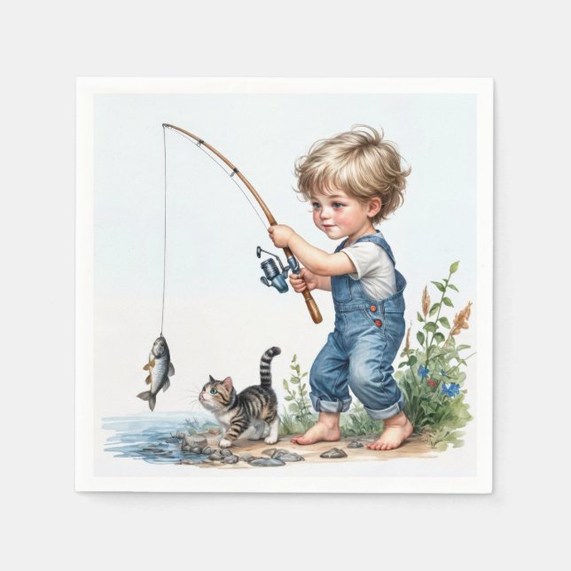 Little Boy Fishing With Kitten Napkin (Front)