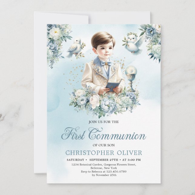 Little boy Formal attire holy bible blue floral Invitation (Front)