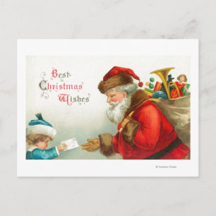 Little Boy Giving Santa a Letter Holiday Postcard