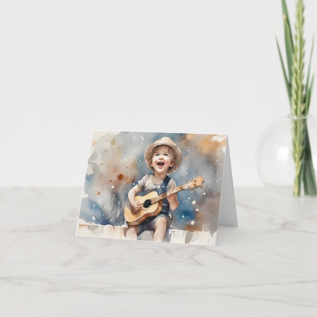 Little Boy Guitar Watercolor Illustration Blank  Card (Front)