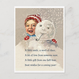 Little boy hiding behind snowman, vintage holiday postcard
