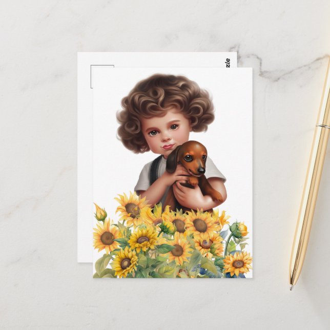 Little Boy Holding Dachshund Postcard Art (Front/Back In Situ)
