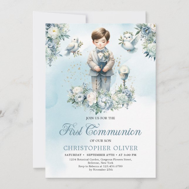 Little boy holy bible Formal attire blue floral Invitation (Front)