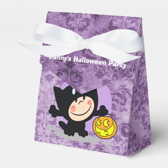 Little Boy in Costume w/Pumpkin Purple Damask Favour Box (Front Side)