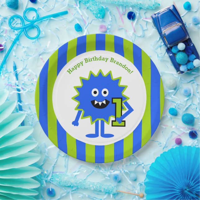 Little Boy Monster 1st Birthday Blue Green Stripes Paper Plate (Party)