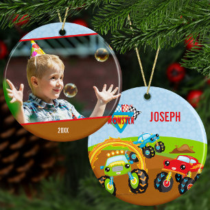 Little Boy Monster Trucks Name and Photo Christmas Ceramic Tree Decoration