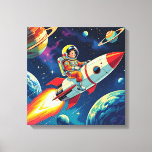 Little Boy on a Rocket Ship Flying through Space Canvas Print