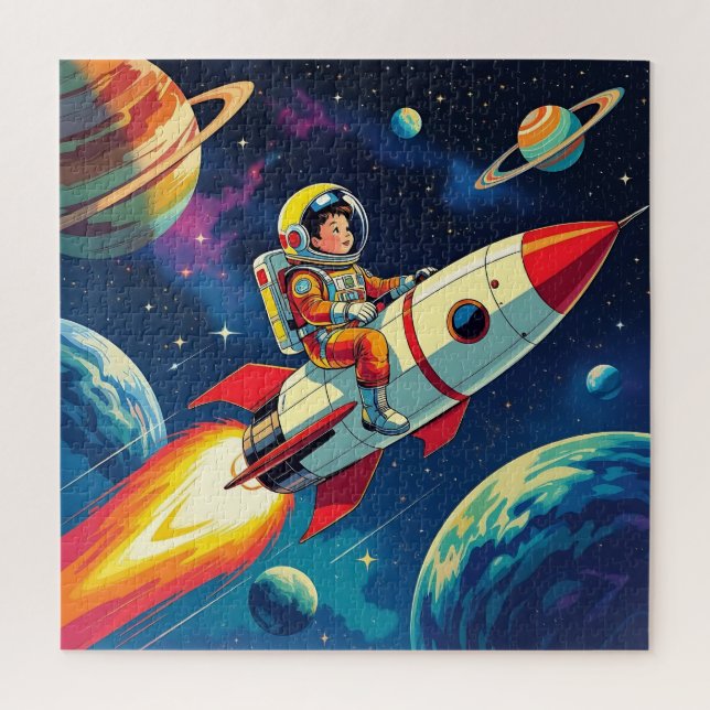 Little Boy on a Rocket Ship Flying through Space Jigsaw Puzzle (Vertical)
