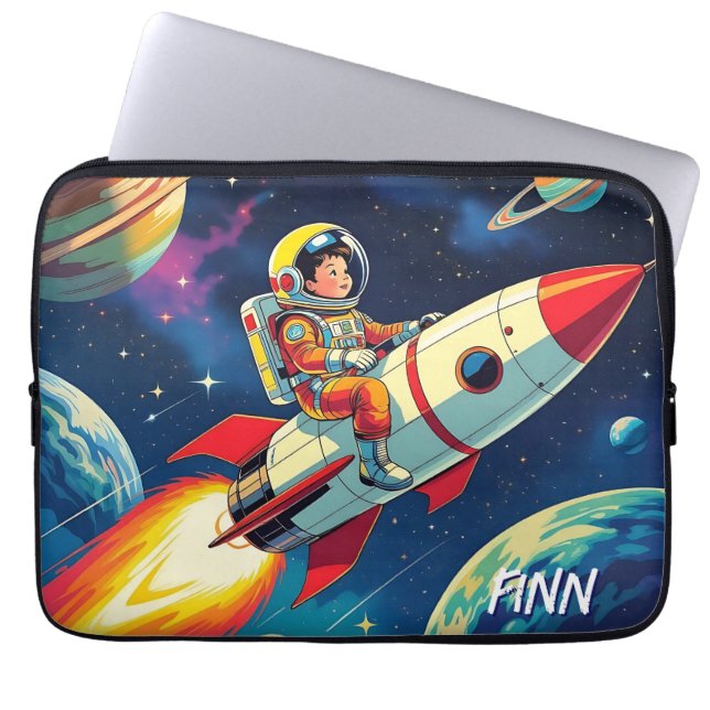 Little Boy on a Rocket Ship Flying through Space Laptop Sleeve (Front)