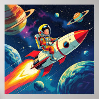 Little Boy on a Rocket Ship Flying through Space
