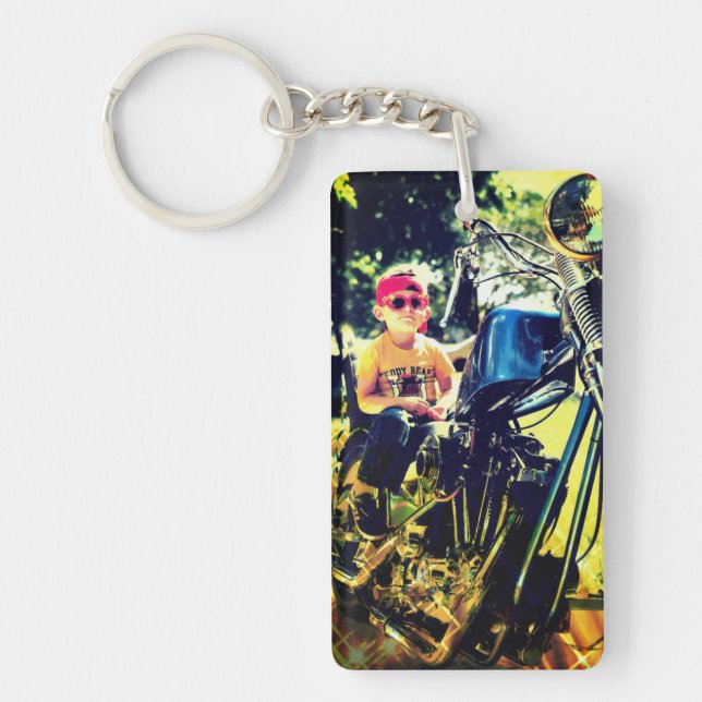 Little Boy on Big Motorcycle Acrylic Keychain (Front)