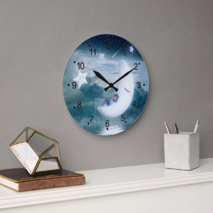 Little Boy on the Moon Clouds Stars Large Clock