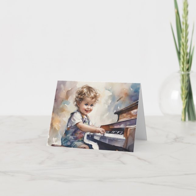 Little Boy Piano Watercolor Illustration Blank  Card (Front)