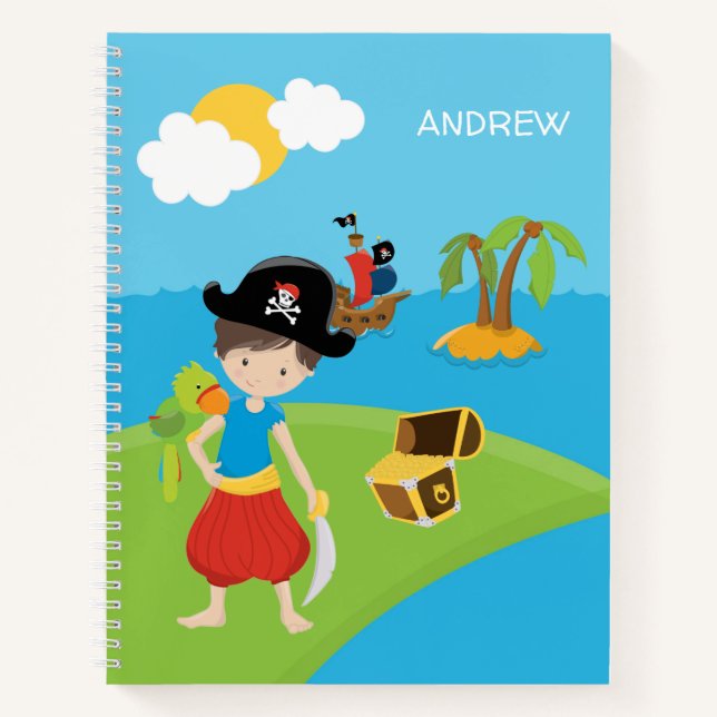 Little Boy Pirate with Treasure and Parrot Notebook (Front)