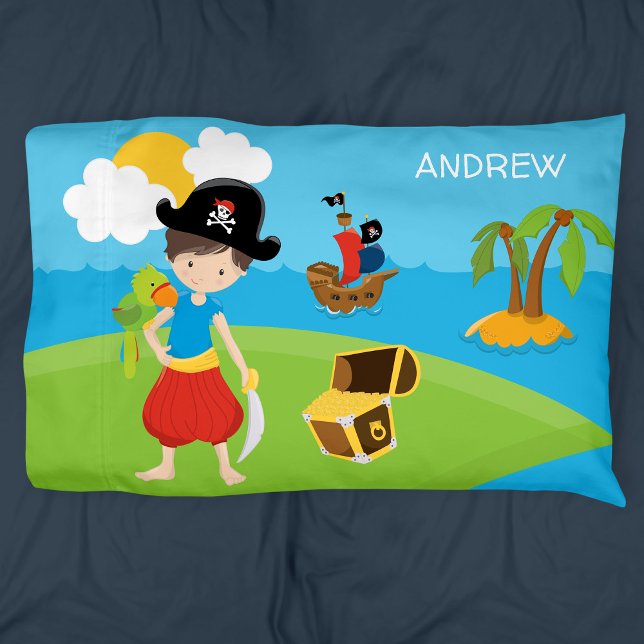 Little Boy Pirate with Treasure and Parrot Pillowcase (Creator Uploaded)