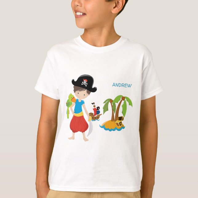 Little Boy Pirate with Treasure and Parrot T-Shirt (Front)