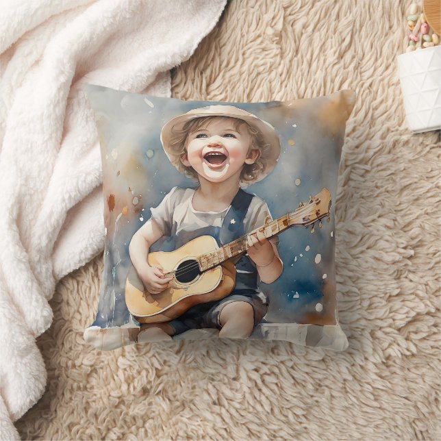 Little Boy Playing Guitar Singing Watercolor Cushion (Blanket)