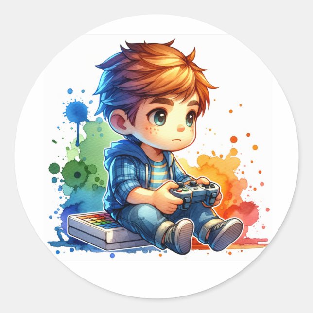 Little Boy Playing Video Games Classic Round Sticker (Front)