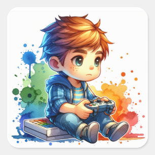 Little Boy Playing Video Games Square Sticker