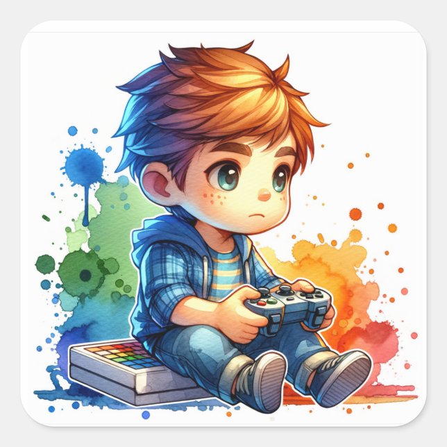 Little Boy Playing Video Games Square Sticker (Front)