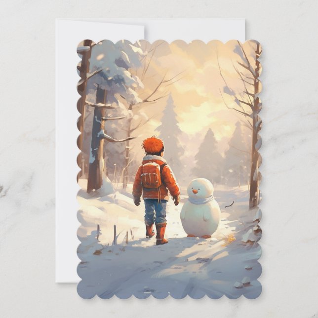 Little boy playing with snowman in winter forest.  holiday card (Front)
