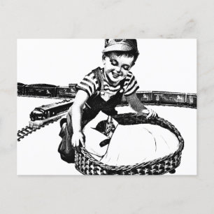 Little Boy Playing With Train and cat Vintage Art  Postcard