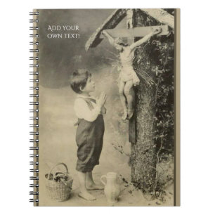 Little Boy praying to Jesus on Cross at Shrine Notebook