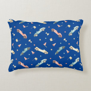 Little Boy Racing Car Watercolor Pattern on Blue Decorative Cushion