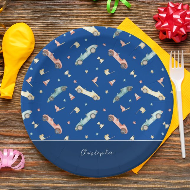 Little Boy Racing Car Watercolor Pattern on Blue Paper Plate (Creator Uploaded)