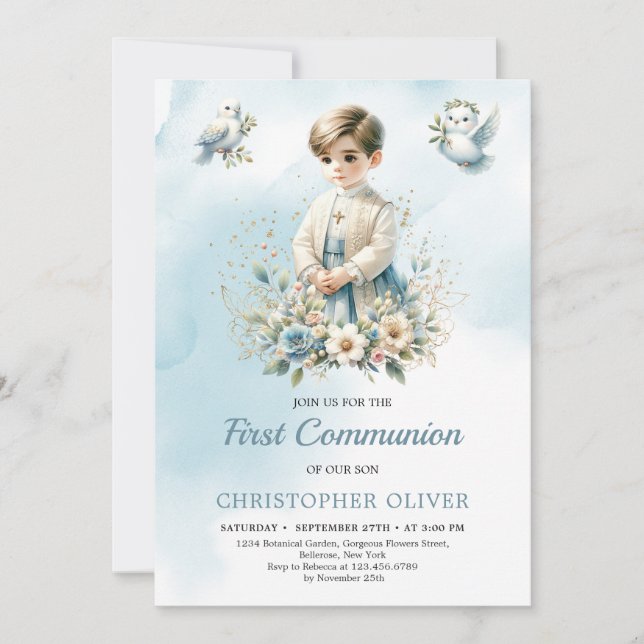 Little boy religious blue flowers First Communion Invitation (Front)