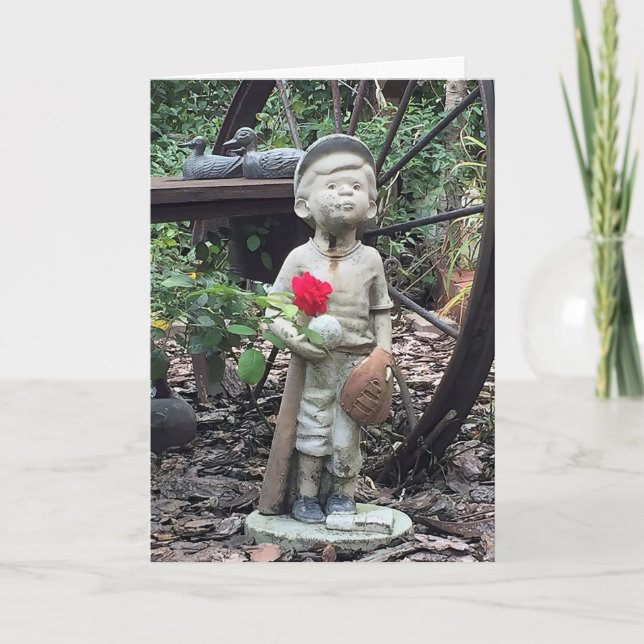 little boy statue with baseball and red rose card (Front)