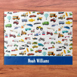 Little Boy Things That Move Vehicle Cars Pattern Jigsaw Puzzle<br><div class="desc">Add a custom touch to your little boy's game collection with this adorable custom jigsaw puzzle that celebrates all things that move: fire trucks, police cars, helicopters and planes, trains, taxis, construction vehicles, and more! Add your son's name for a personal touch. This puzzle makes a fun personalized birthday, Christmas,...</div>