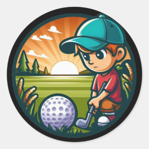 little boy trying to hit golf ball classic round sticker