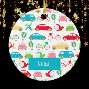 Little Boy Vehicle Pattern w First Name Christmas Ceramic Tree Decoration