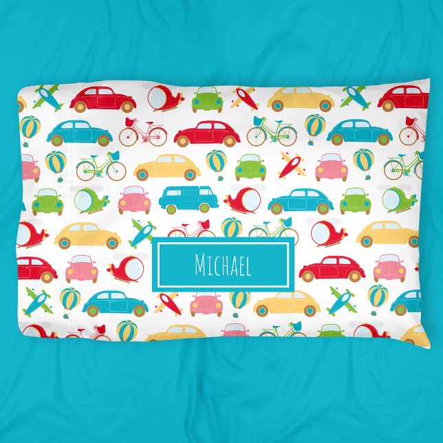 Little Boy Vehicle Pattern with First Name Pillowcase (Creator Uploaded)