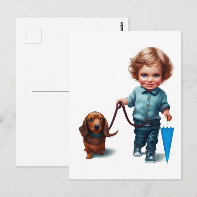 Little Boy Walking his Dachshund Postcard Art (Front/Back)