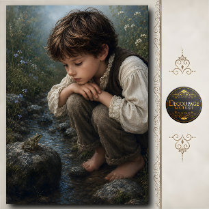 Little Boy Watching Frog Decoupage Tissue Paper