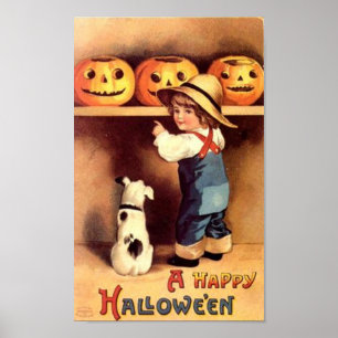 Little Boy with Dog and Pumpkins Poster
