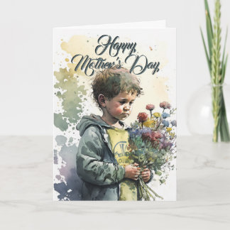 Little Boy With Flower Bouquet, Mothers Day Card