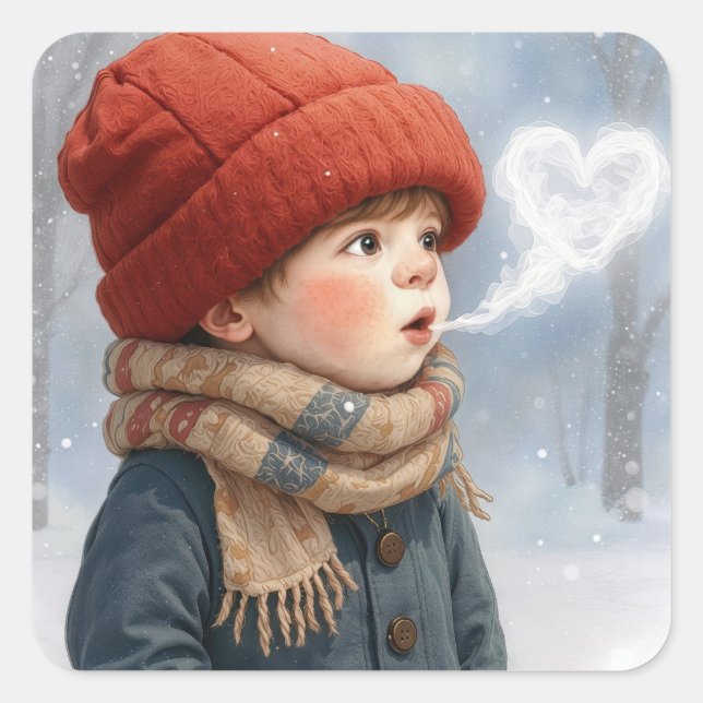 Little Boy with Frosty Heart Breath Square Sticker (Front)