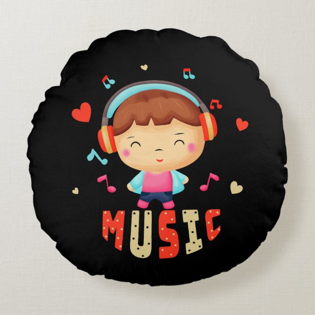 Little boy with music round cushion (Front)