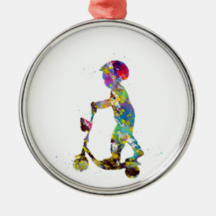 Little boy with scooter metal tree decoration