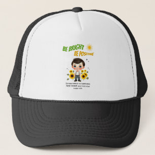 Little boy with sunflowers trucker hat