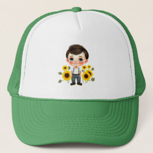 Little boy with sunflowers trucker hat