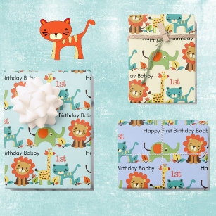 Little Boy's Birthday Name & Age Lion Giraffe 3 Wrapping Paper Sheet