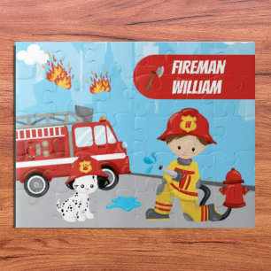 Little Boy's Cartoon Fireman with First Name Jigsaw Puzzle