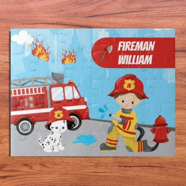 Little Boy's Cartoon Fireman with First Name Jigsaw Puzzle (Creator Uploaded)
